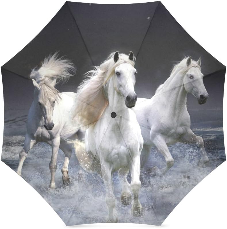 New Year/Christmas Novelty Gifts Classic White Running Horses On The Beach 100% Fabric And Aluminium Foldable Umbrella