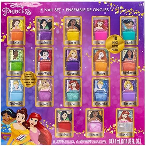 Disney Princess - Townley Girl Non-Toxic Peel-Off Nail Polish Set with Shimmery and Opaque Colors with Nail Gems for Girls Kids Ages 3+, Perfect for Parties, Sleepovers and Makeovers, 18 Pcs Cover