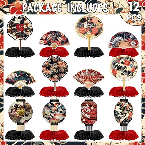 Image of Hibachi Birthday Party Decorations - 12 Pcs Japanese Paper Folding Fans Lanterns Honeycomb Centerpieces Set, Cherries Blossom Flowers Cranes Happy Dinner Supplies Table Decor for Men Women