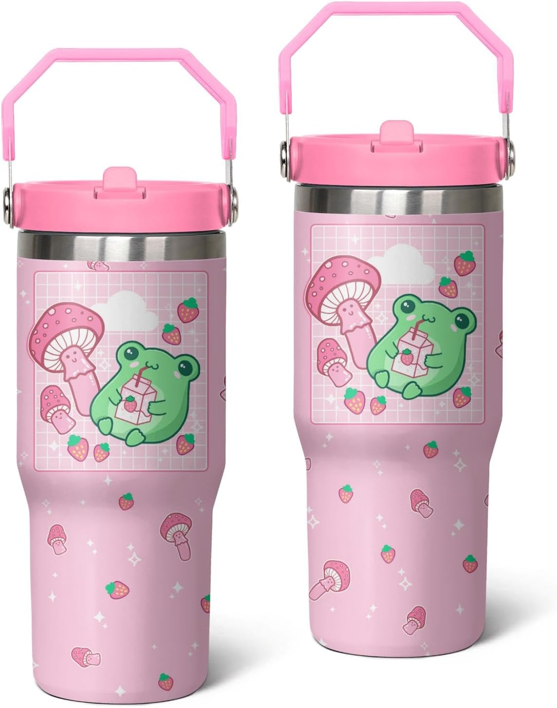 Frog Tumbler with Lid and Straw 30oz Flip Straw Mushroom Tumbler Glass Insulated Cute Frog Travel Mug with Handle Gifts for Women