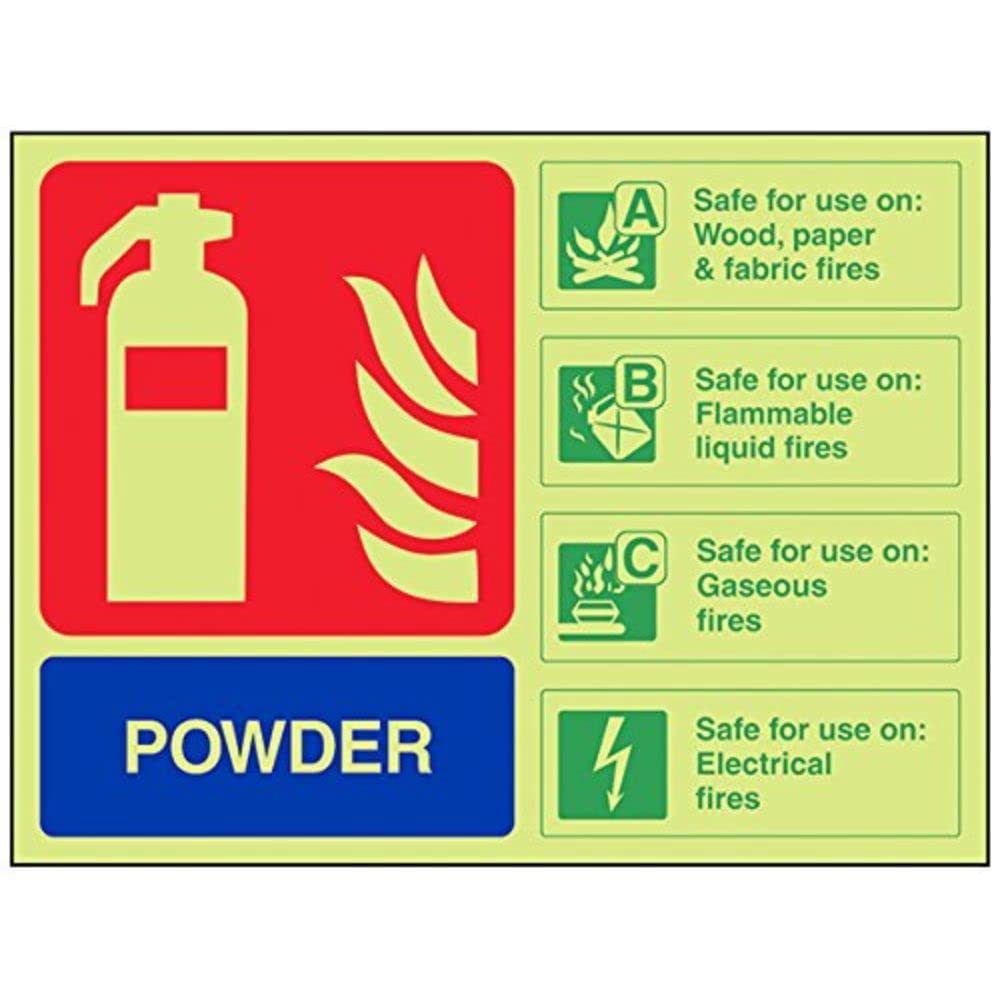 V Safety Glow In The Dark Powder Id Fire Extinguisher Sign - 200mm x 150mm - Rigid Plastic