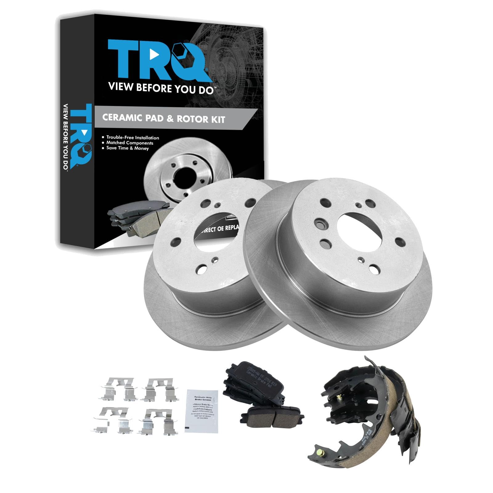 TRQ Rear Brake Pad and Rotor Set Ceramic Rotors Parking Brake Shoe Set Compatible with 2002-2003 Lexus ES300 2004-2006 ES330 2002-2006 Toyota Camry