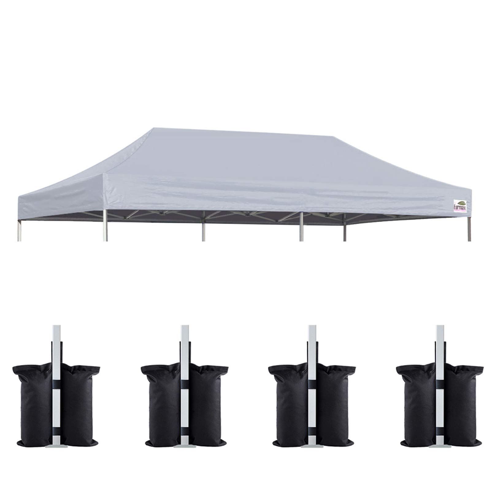 Eurmax USA 10x20 Pop Up Canopy Replacement Top,Universal Instant Canopy Cover ONLY,Heavy Duty UPF 50+ UV Protection,Water &amp; Wind Resistant Tarp,30+ Colors Available,Bonus 4 Sand Bags (Gray)