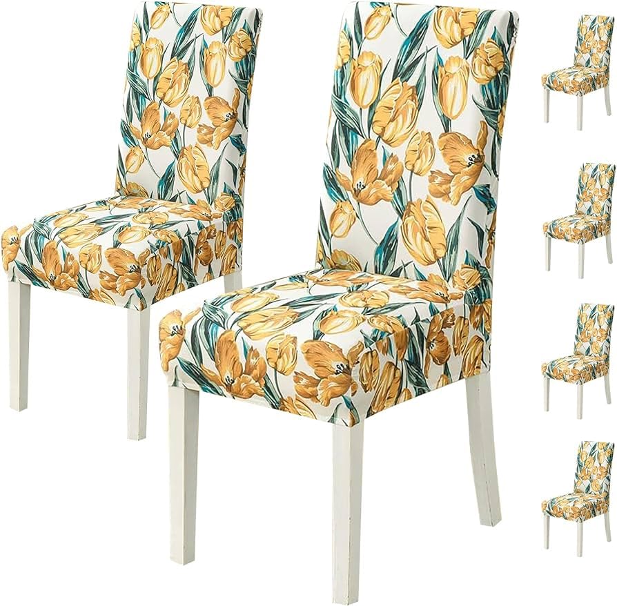 Image of Styleys Elastic Chair Cover Stretch Removable Washable Short Dining Chair Cover Protector Seat Slipcover (Set of 6, Orange Tulip, SD3210)