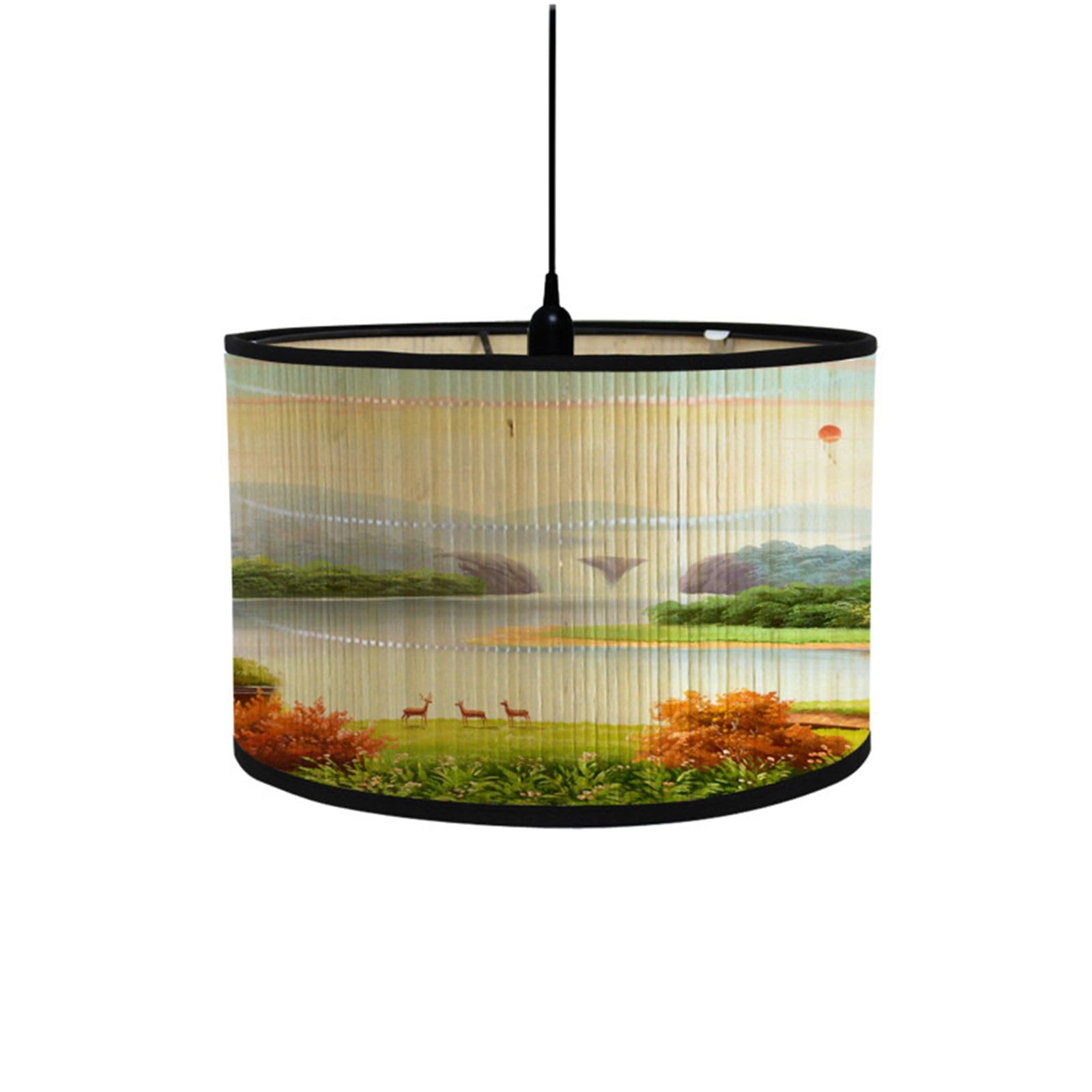 Morbuy Bamboo Table Lamp Shade, Mountain View River View Pattern Wooden Bedside Light Lampshade Drum Lampshades Diameter 30cm Bedroom Light Shades Wall Light Lamp Shades (Sika Deer)