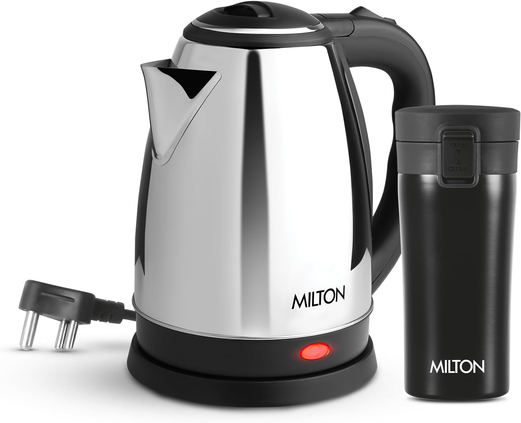 MILTON Go Electro 1.5L Fast Boil Kettle 1350W with 3x Safety Protection + 350ml Double Wall Vacuum Insulated Coffee Mug with Strainer, Stainless Steel Hot & Cold Combo for Home, Office, Travel,Gifting