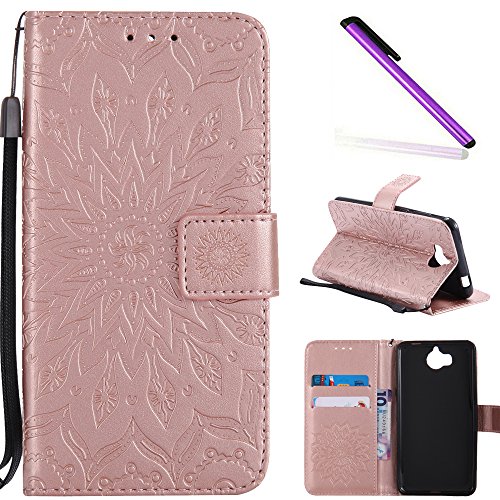 HMTECH Huawei Y5 2017 case Huawei Y6 2017 Case Sun Flower Embossed Floral Wallet Case Card Slots Kickstand PU Leather Flip Stand Cover for Huawei Y5 2017 Huawei Huawei Y6 2017 KT Mandala Rose Gold