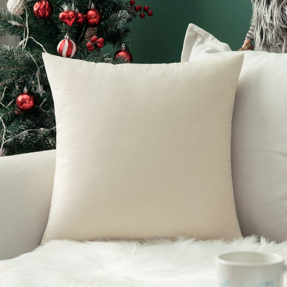 MIULEE Velvet Soft Soild Microfiber Decorative Square Pillow Case Throw Cushion Cover for Sofa Bedroom with Invisible Zipper 16x16 Inch 40x40cm Cream White 1 Piece