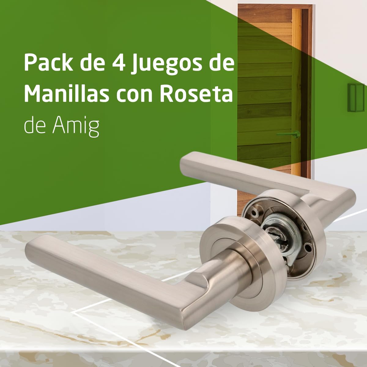 Amig - Pack de 4 Manillas con roseta Mod. MAI RX - Para puertas interiores - Cuadradillo 8 mm - Roseta de Ø52 mm de Zamak - Maneta de Aluminio - Acabado níquel cepillado