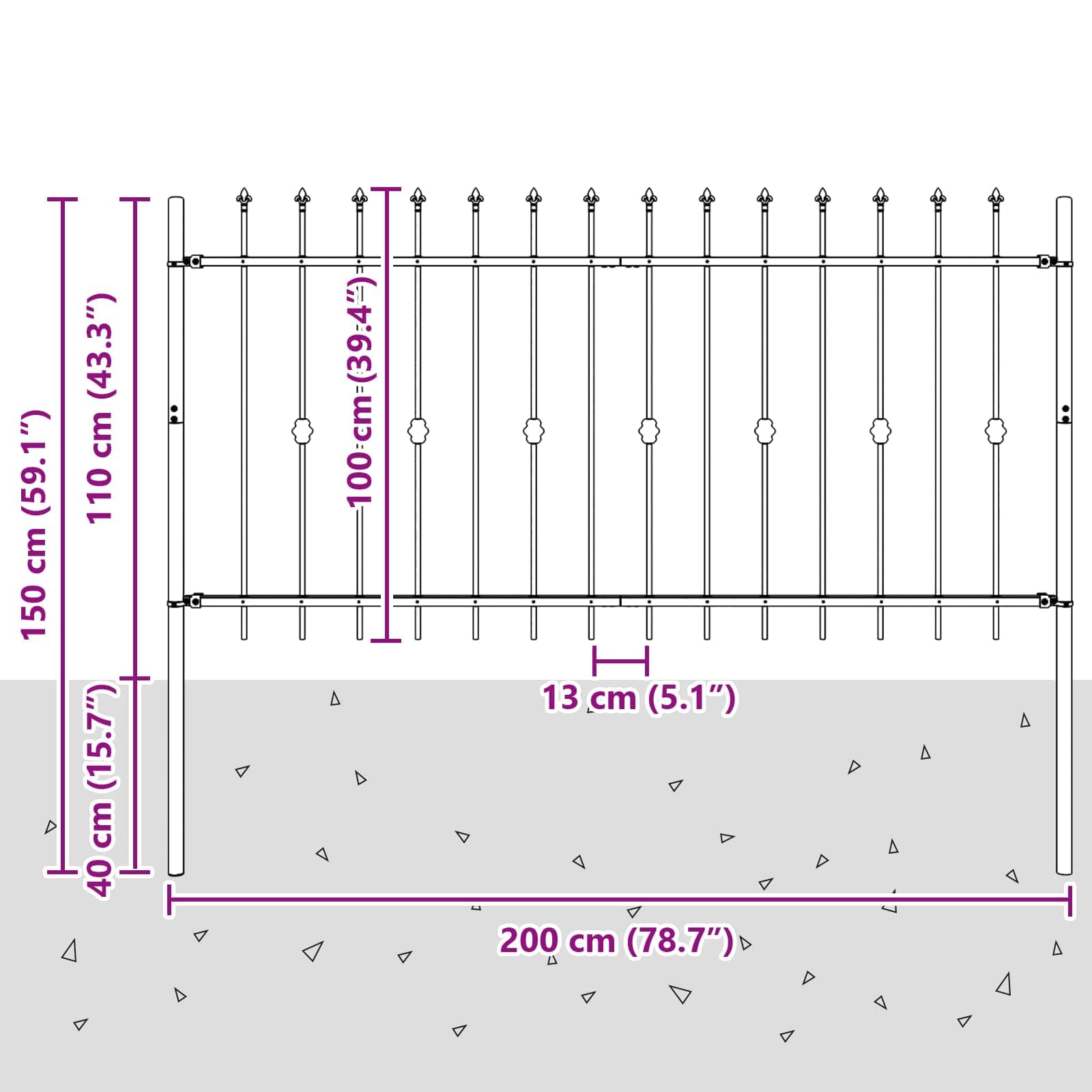 Clôture à Pointe Asten Noir 200 x 150 cm Acier enduit de poudre panneau barrière palissade grillage claustra pour jardin terrasse extérieur séparation intimité