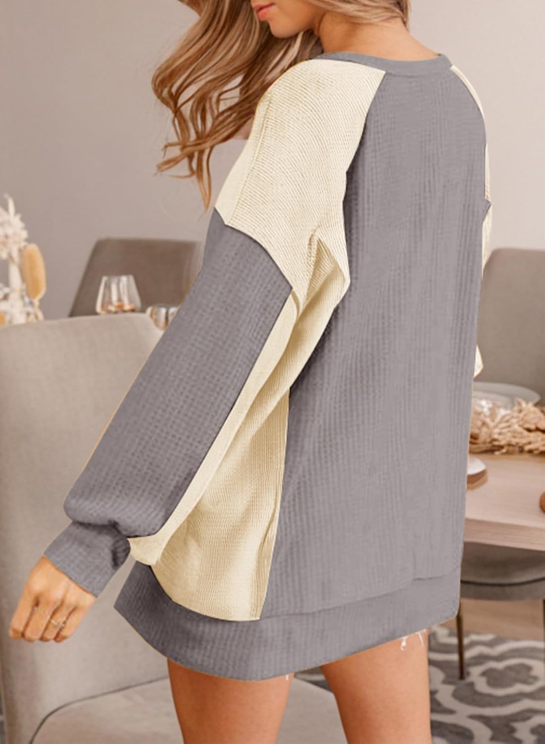 Dokotoo Oversized Sweatshirt for Women Waffle Knit Color Block Crewneck Long Sleeve Casual High Low Pullover Sweatshirts Tops - Image 2