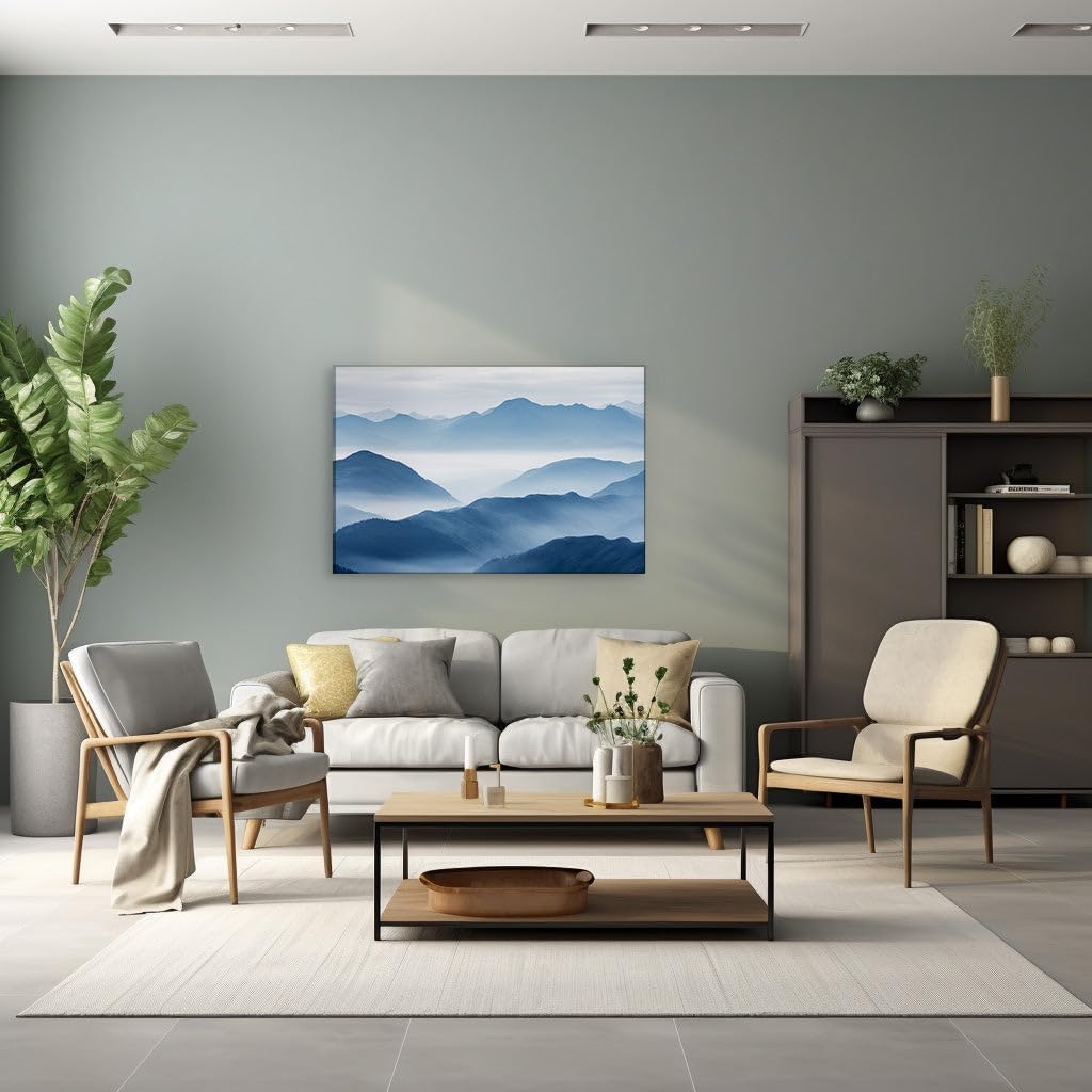 Canvas for Living room. Misty Mountains Whispering Secrets: Unveiling Nature's Grandeur in Blue Hues, 27 x 18 inch Canvas Wall Art - Ready to Hang