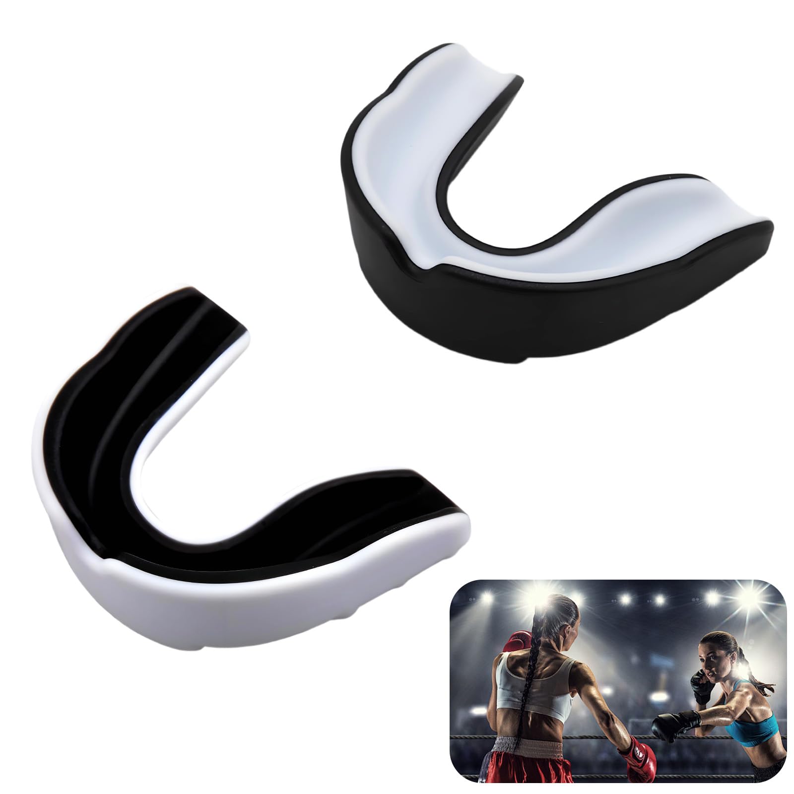 Lot de 2 Protege Dents Boxe en EVA de Qualité Alimentaire avec Boîte de Rangement Portable, Taille Universelle, pour Rugby, MMA, Arts Martiaux, Hockey (Noir Blanc + Blanc Noir)