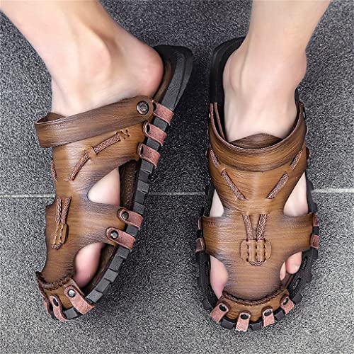 Men Leather Sandals Baotou Slippers Genuine Leather Casual Sandals Non Slip Outdoor Beach Vacation Sandals(45)3