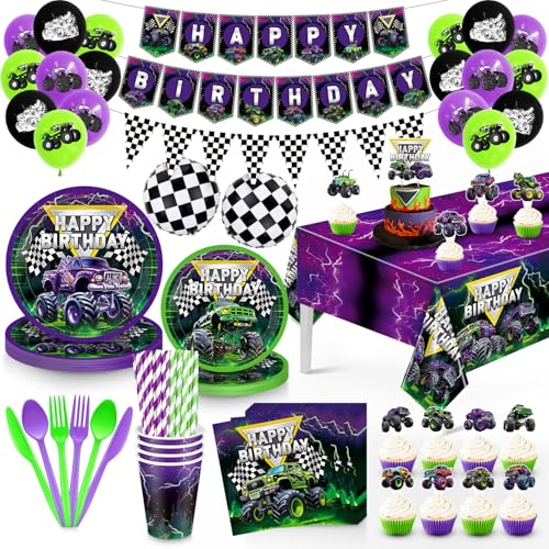 Truck Birthday Decorations 162 Pcs Tableware Set Purple
