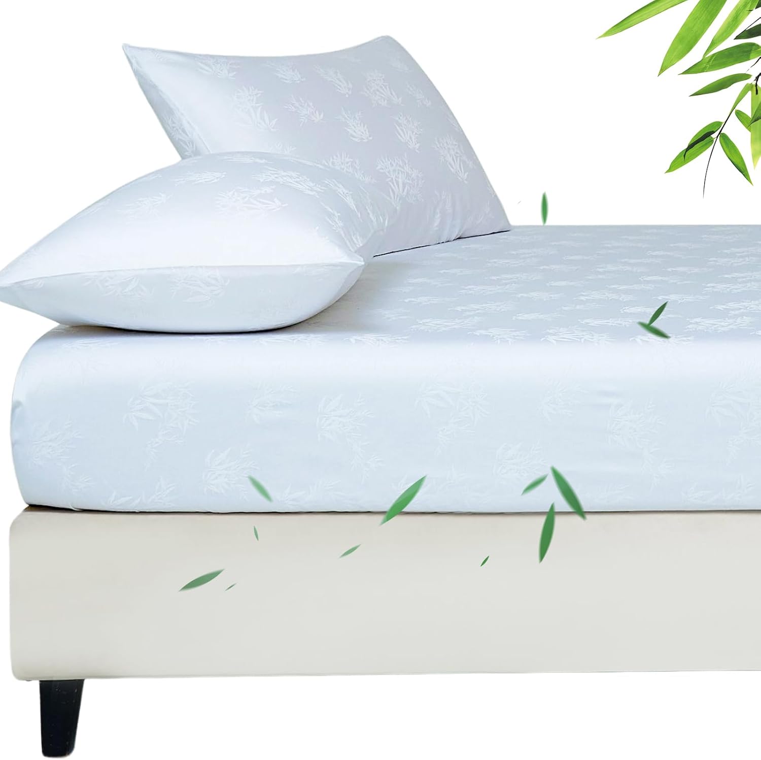 YIYEA 100% Viscose Derived from Bamboo Fitted Sheet with Pillow Cases for Hot Sleepers, 400TC Jacquard Cooling Fitted Bottom Sheet, 16" Deep Pocket, Silky Soft and Breathable, Full, White