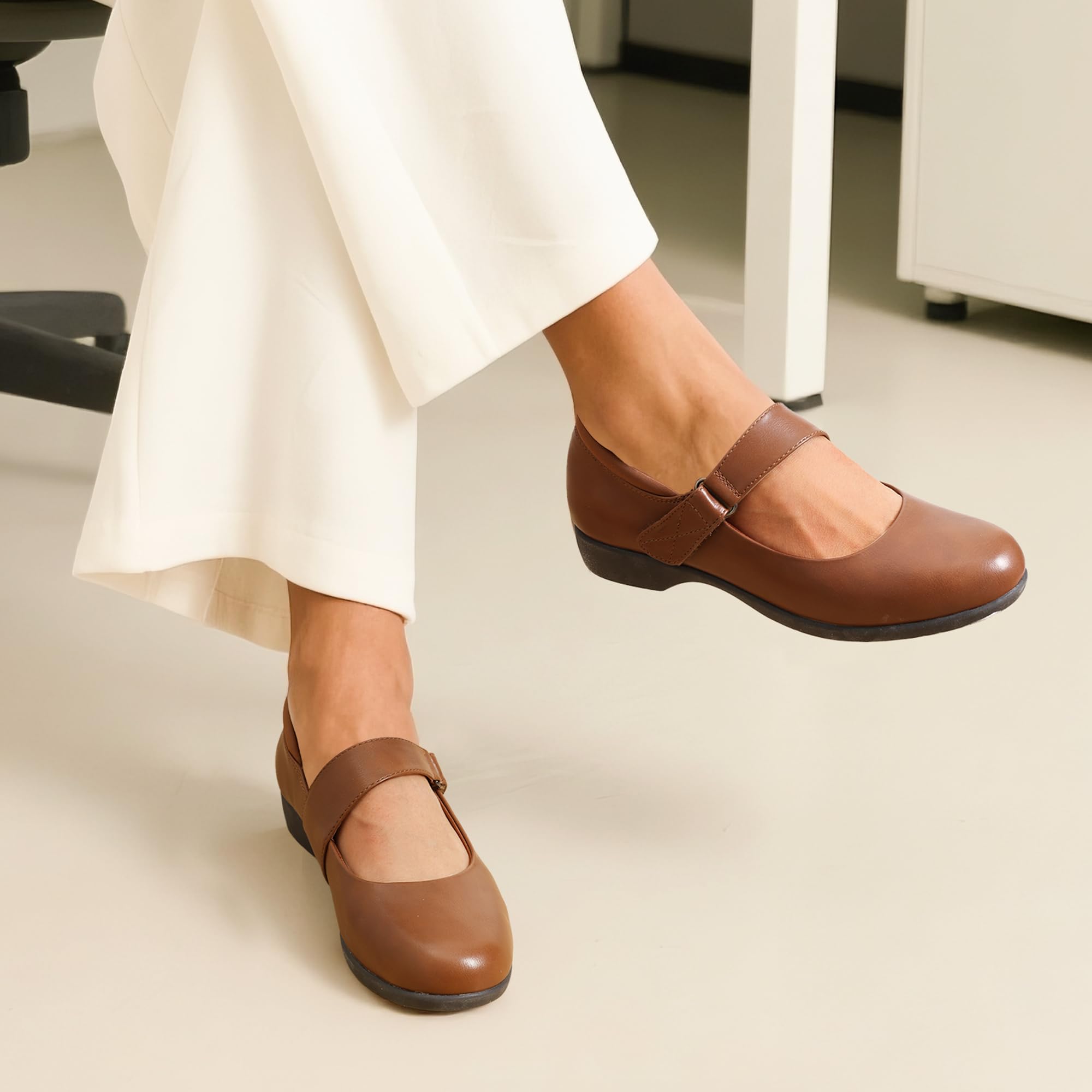 DREAM PAIRS Womens Ballet Mary Jane Flats, Comfortable Business Office Dress Shoes for Women Dressy and Work with Ankle Strap: 6 Brown