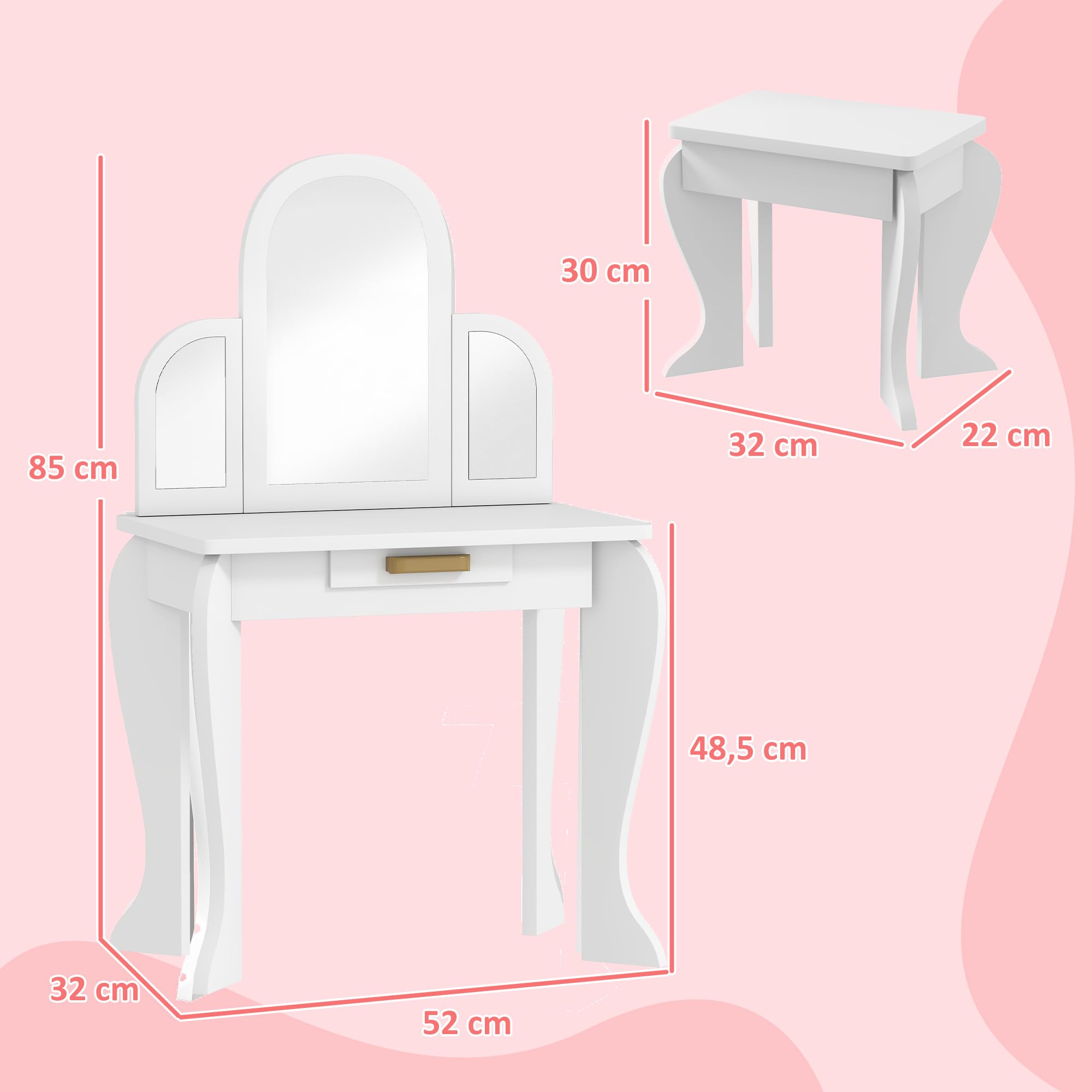 HOMCOM Tocador Infantil con Taburete y Espejo, Tocador para Niñas con Cajón, Mesa de Maquillaje para Niños y Niñas de 3-6 Años, Blanco