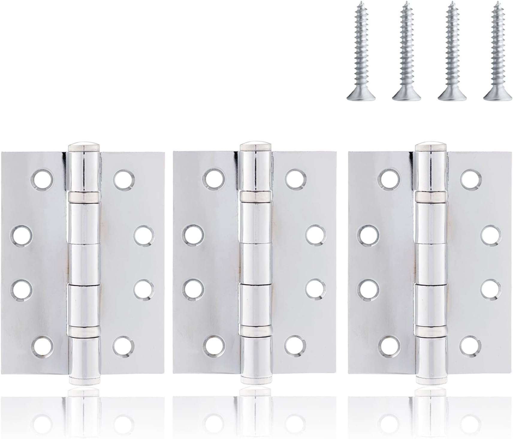 4 Inch (100mm) Ball Bearing Door Hinges in Polished Chrome, Internal Door Hinges for Wooden Doors - 3 Pack