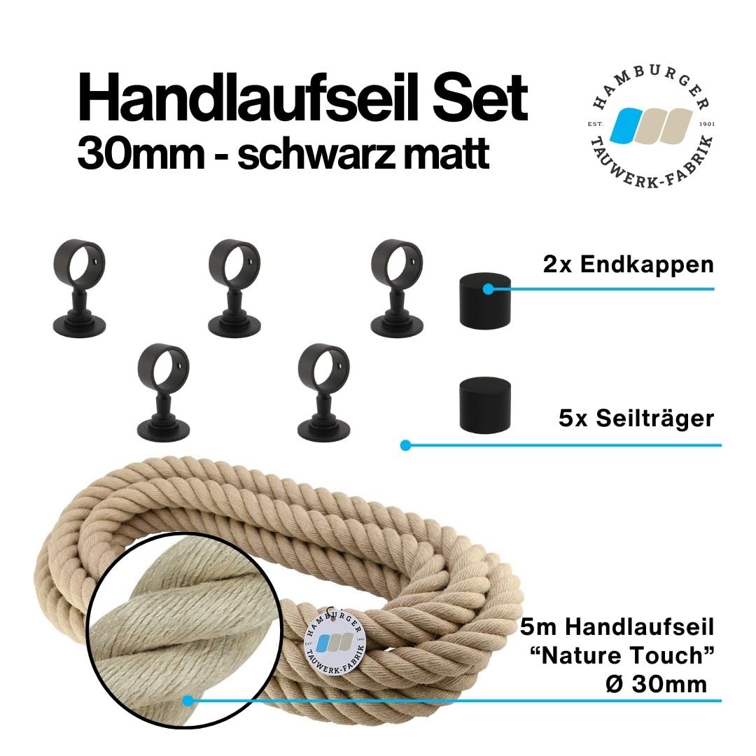 Handlaufseil-Set Ø 30 mm – 5 m Polyhanf-Seil „Nature Touch“ naturfarben mit 2 Endkappen & 5 Seilträgern, schwarz matt | Treppe & Geländer