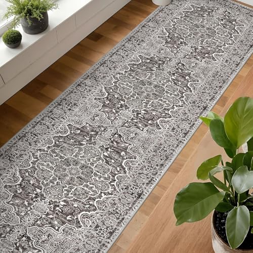 KUTA Vintage Washable Runners for Hallways 2.6x16, Non-Slip 16ft Extra Long Kitchen Runner Rug, Ultra Soft Printed Floral Medallion Stair Runners Indoor for Bedroom Tan Grey
