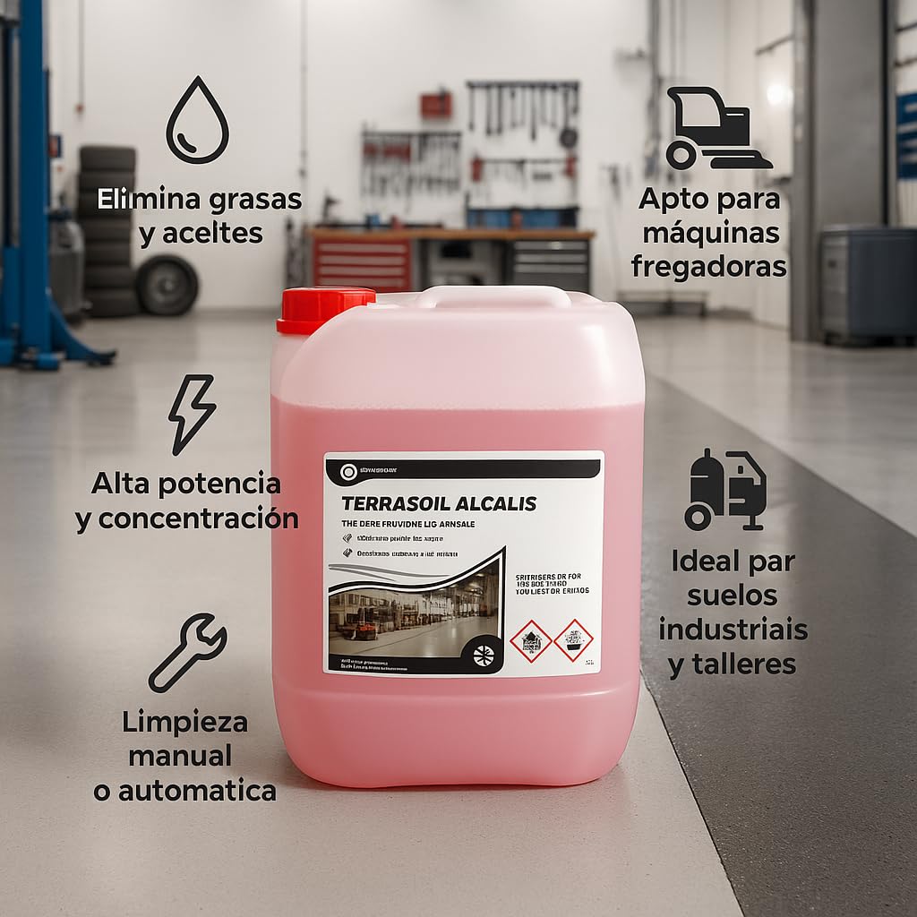 Terrasoil Alcalis – Desengrasante Industrial Alcalino Concentrado 25L | Limpieza Profesional de Suelos, Talleres y Máquinas Fregadoras | Elimina Grasas, Aceites y Residuos Difíciles