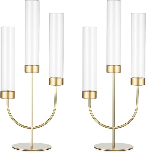 Sziqiqi Candelabro dorado para centro de mesa de boda 3 portavelas de brazo con cilindro para palito de vela cónico - Juego de 2 portavelas de metal
