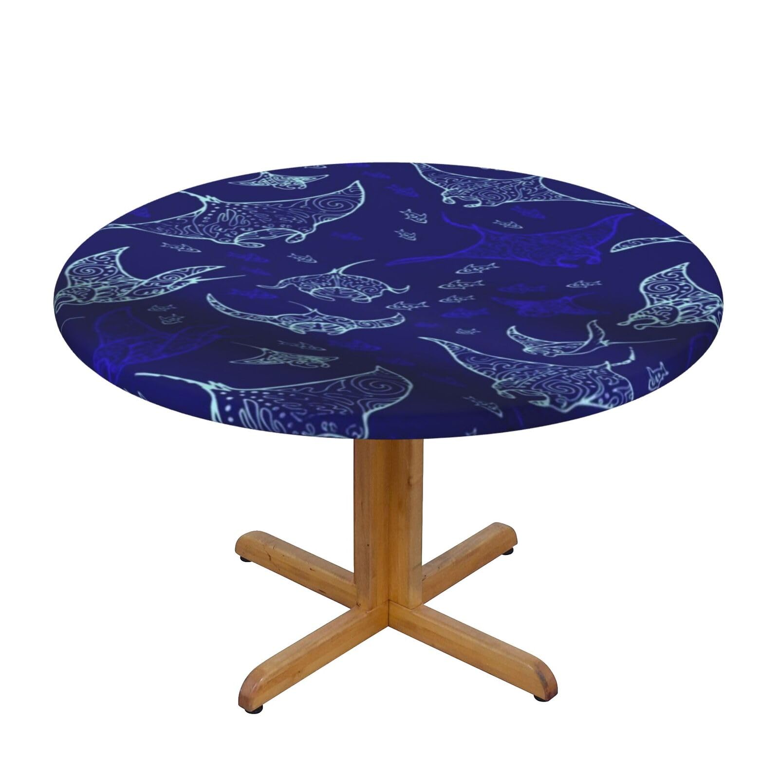 Ffshkowe Manta Ray And Fish Elastic Round Tablecloth Oil Proof Table Cover For Dining Party Picnic