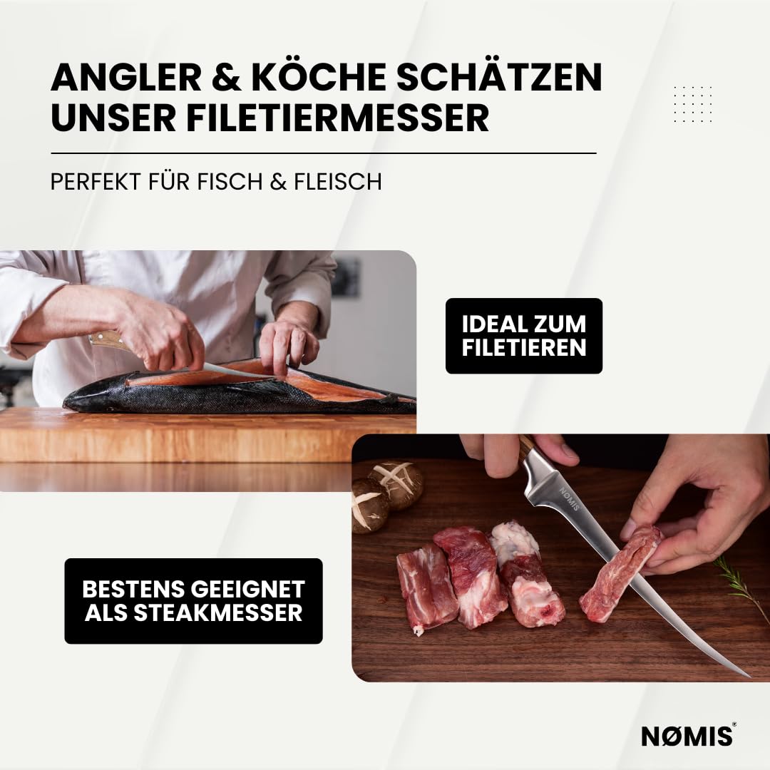 NØMIS Premium Filetiermesser Fisch | Filitiermesser scharf Fisch | Fischmesser | 18,5 cm Klinge aus Deutschem Edelstahl | Ausbeinmesser Profi für Fisch und Fleisch | Griff aus Zebraholz