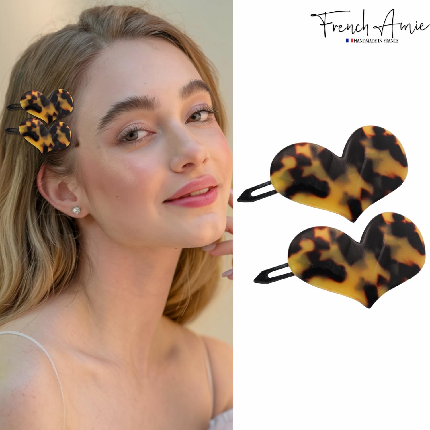 French Amie Cupid Hearts Small 2.5” Handmade Cellulose Metal Free Side Slide Barrette Snap on Hair Clips - 2 Pieces (Yellow Tokyo)
