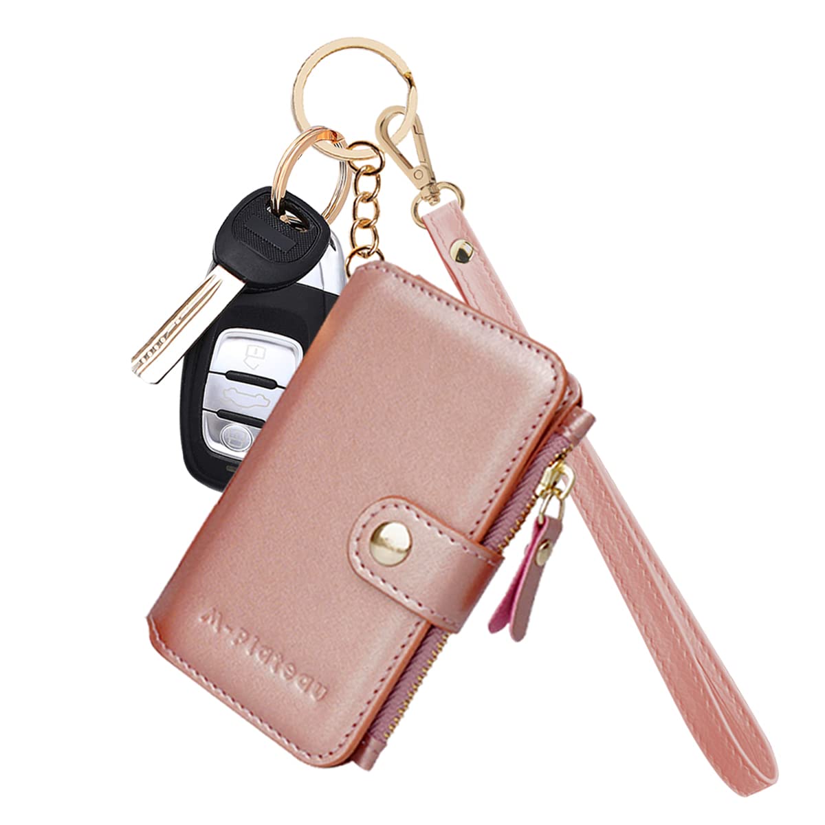 M-Plateau Card Holder, Womens Wallet PU Leather Keychain Wallet Wristlet With Zipper Coin Pocket And ID Window Gift For Women Gift Box (Pink)