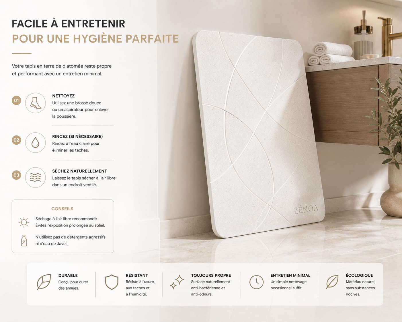 Tapis de Bain en diatomite 60 x 39 cm - Séchage instantané, antidérapant, Surface minérale Ultra absorbante - Blanc & Gris Ligne