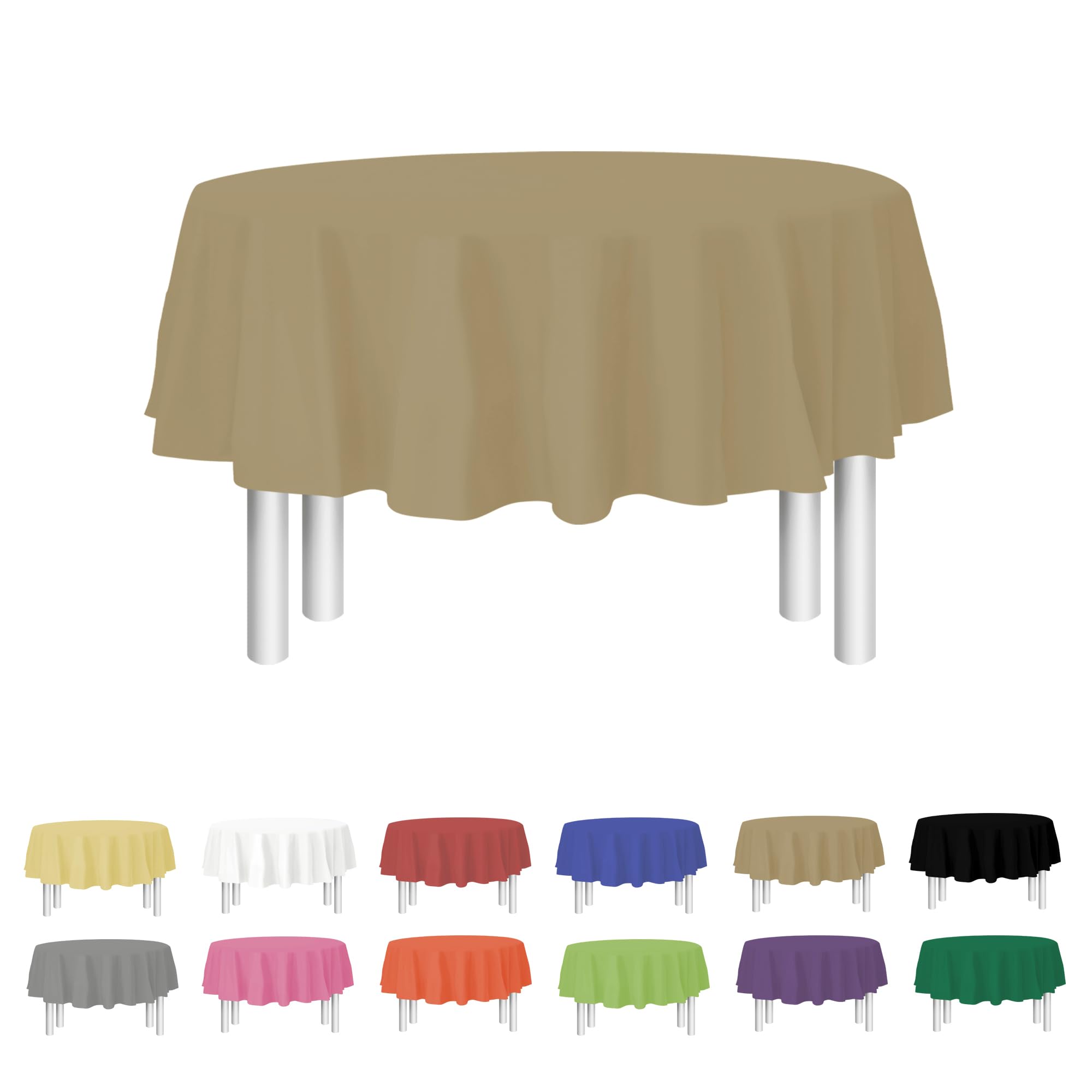 Party Dimensions Gold Disposable Plastic Tablecloth for Round Tables 84 Inch (12 Pack) Premium Decorative Table Cloth for Parties, Events & Weddings, Indoors & Outdoors