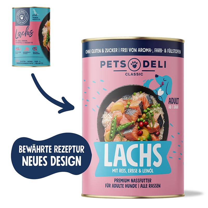 Pets Deli Classic Hunde Nassfutter Lachs, Reis & Kartoffel, leicht verdaulich, mit Omega-3 für Haut & Fell, getreidefrei, ohne Zucker, 6x750 g, Premium Qualität