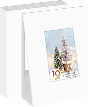 Frametory, 10 Pack 8x10 White Mat, 3.5x5.5 Opening for 4x6 Pictures | White Core,Bevel Edge, Acid Free, 4-ply Thick ,Paper Framing Mats