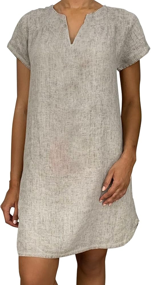 Women's V-Neck Pleated Summer Dress  Casual Short Sleeve Cotton Linen Midi  Dress, Loose Fit For