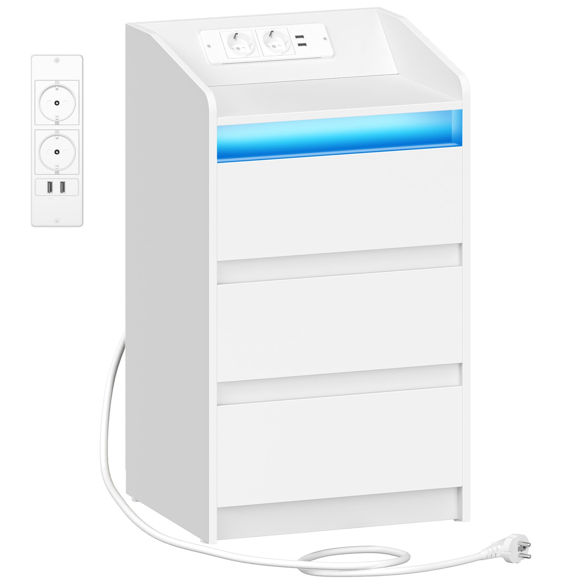 Hzuaneri Comodino con 3 Cassetti, Tavolino con Stazione di Ricarica LED, 2 Prese CA e 2 Porte USB per Camera da Letto, Soggiorno, Bianco NS40003X