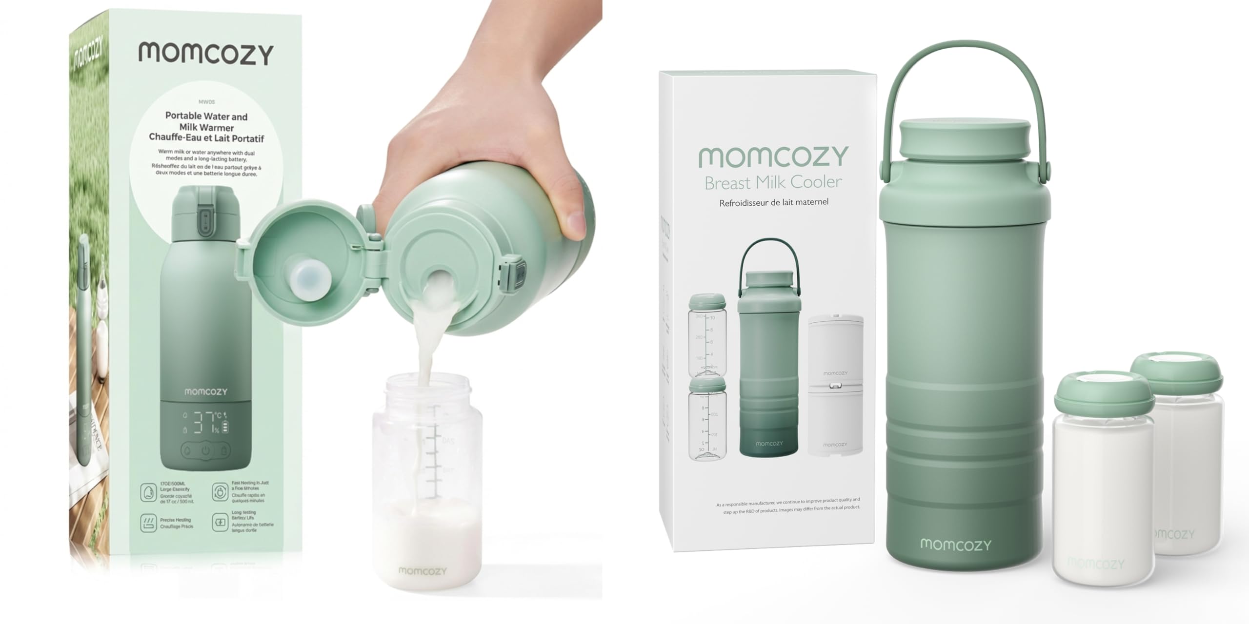 Momcozy MW05 Tragbarer Flaschenwärmer Baby für unterwegs, 500ml Kapazität & Momcozy Tragbarer Muttermilchkühler für draußen (628 ml), 360°- langzeitige Gesamtkühlung