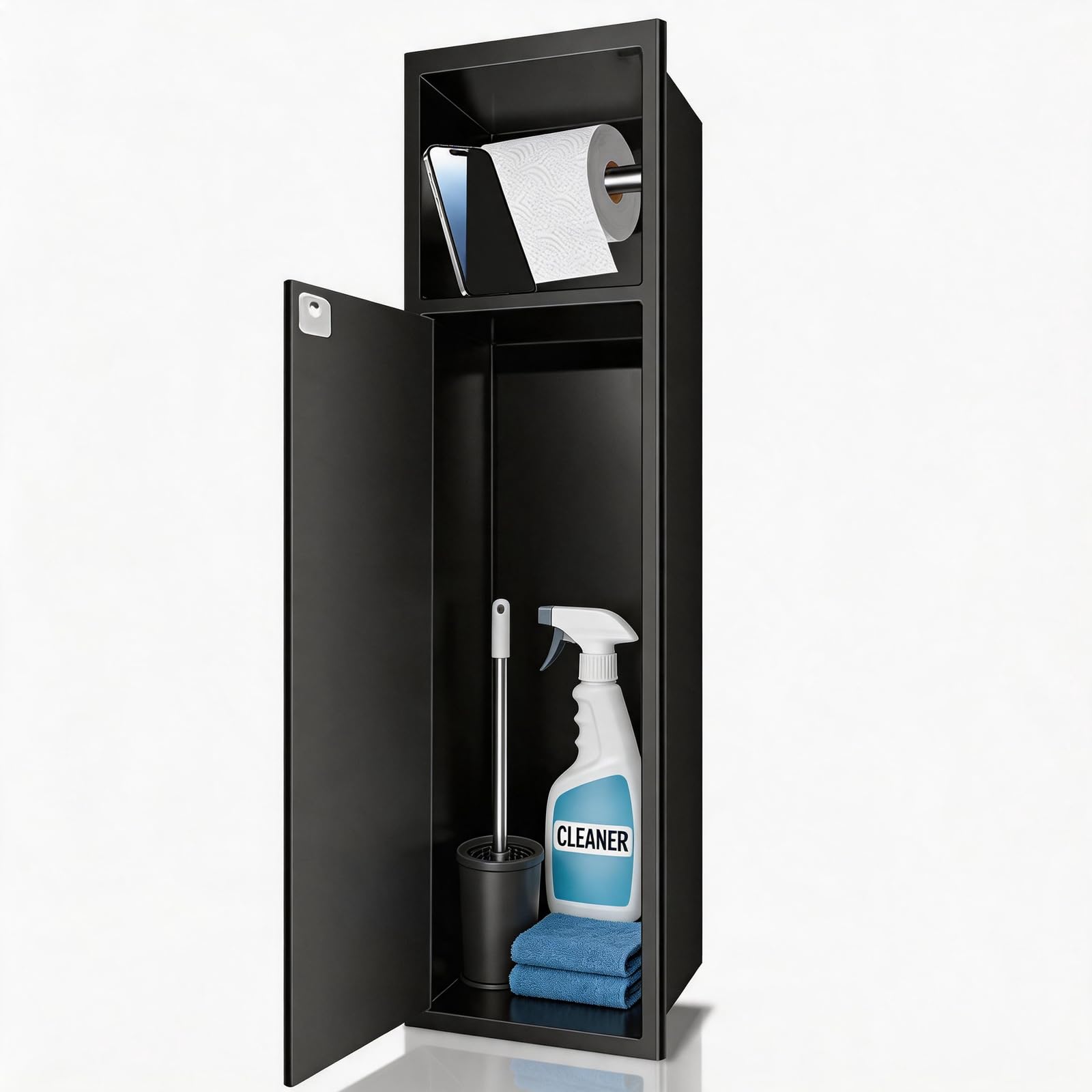 Recessed Toilet Roll Holder with Hidden Storage Cabinet, Matt Black