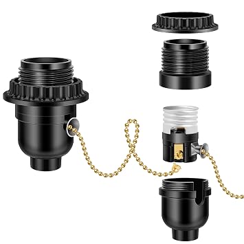 UL Listed E26 Light Socket, Threaded Lamp Socket Replacement with Pull Chain Switch Medium Base Lamp Parts with Lamp Shade Ring for Table Lamp, Floor Lamp, Light Fixture, Black 1-Pack