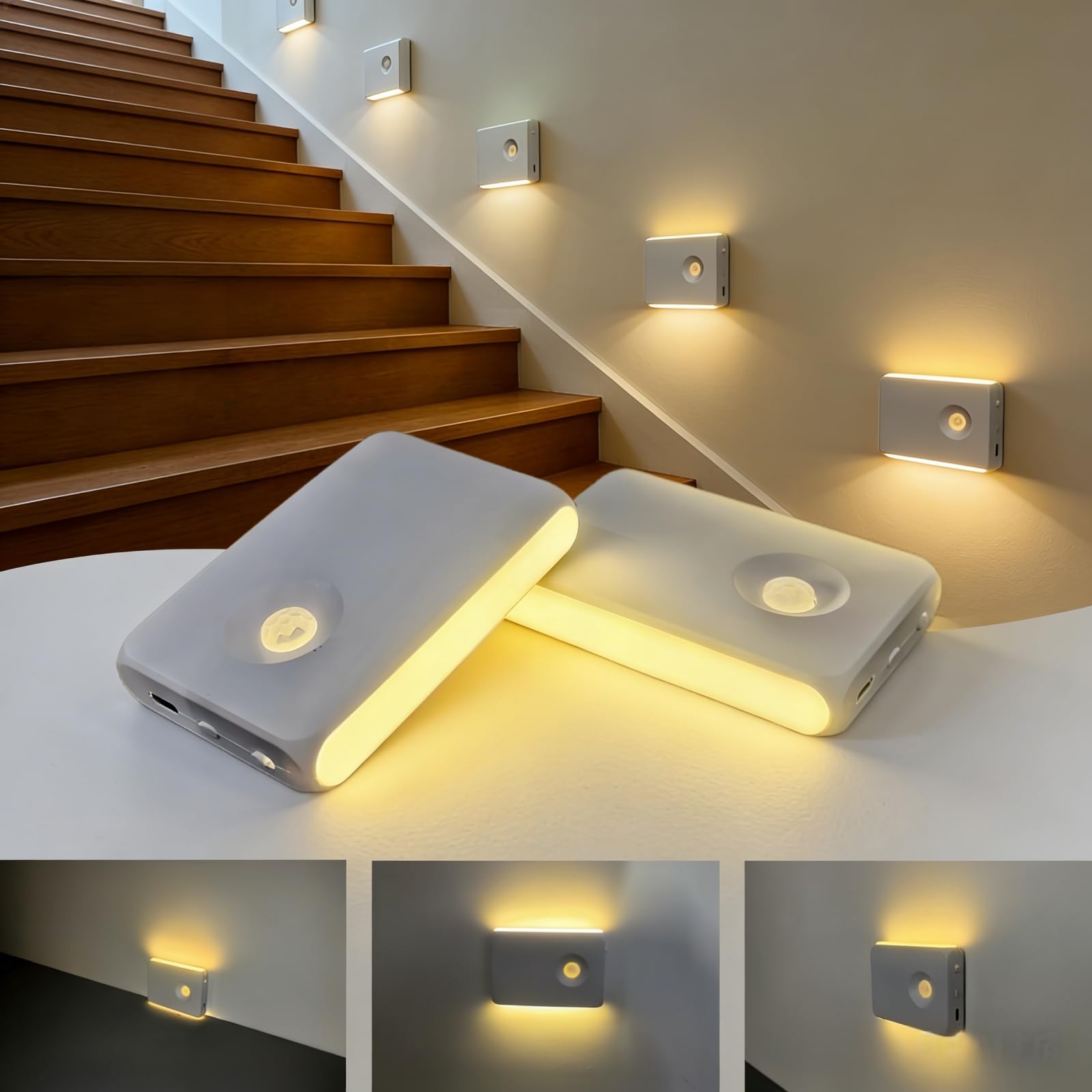 XXHKF Motion Sensor Night Light, Rechargeable LED Closet Lights with Magnetic, Dimmable Battery Powered Stick-on Lights for Stairs, Hallway, Bedroom, Kitchen, Wardrobe (2, Monochrome)