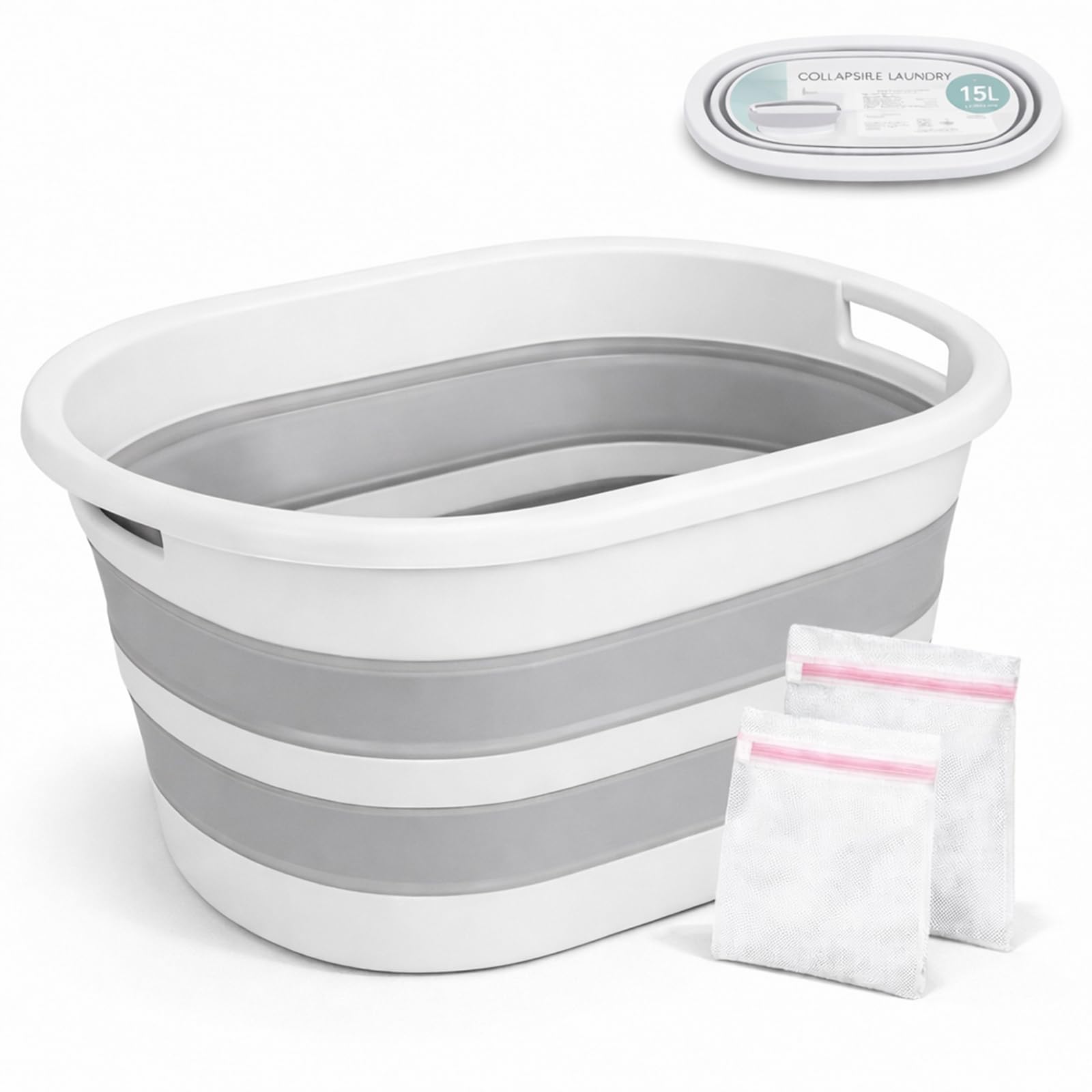 ForenTex Cesta Ropa Sucia Plegable 36L con 2 Bolsas de Lavado, Cesto Ropa Sucia Plástico TPR+PP Resistente, Barreño Colada Plegable Ahorra Espacio para Baño, Lavandería y Dormitorio, Gris y Blanco — view 8
