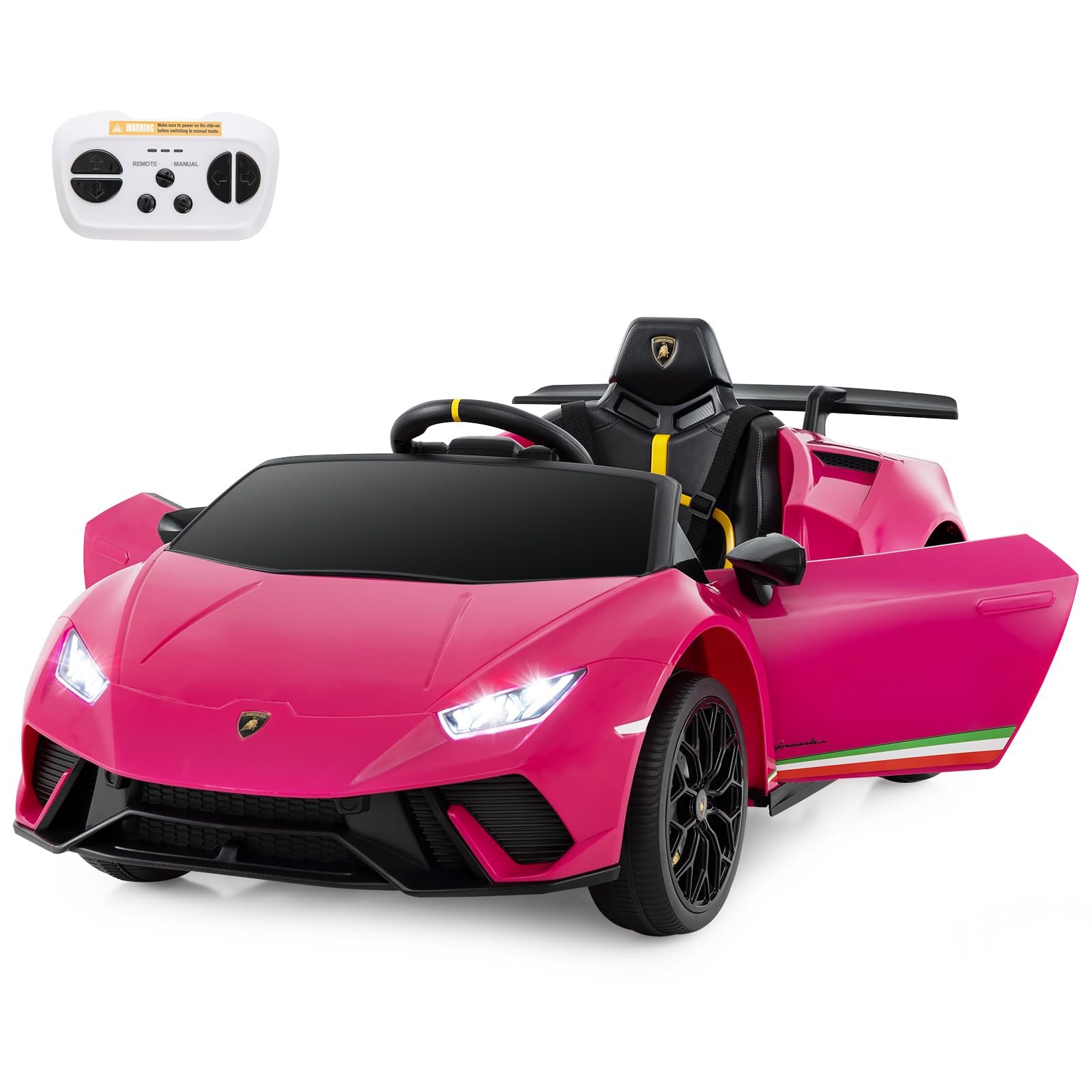 COSTWAY 12V Kids Electric Ride on Car with Remote Control, LED Lights, MP3, Music, Horn, Soft Start & Spring Shock Absorbers, Licensed Lamborghini Battery Powered Toy Vehicle for Boys Girls (Pink)
