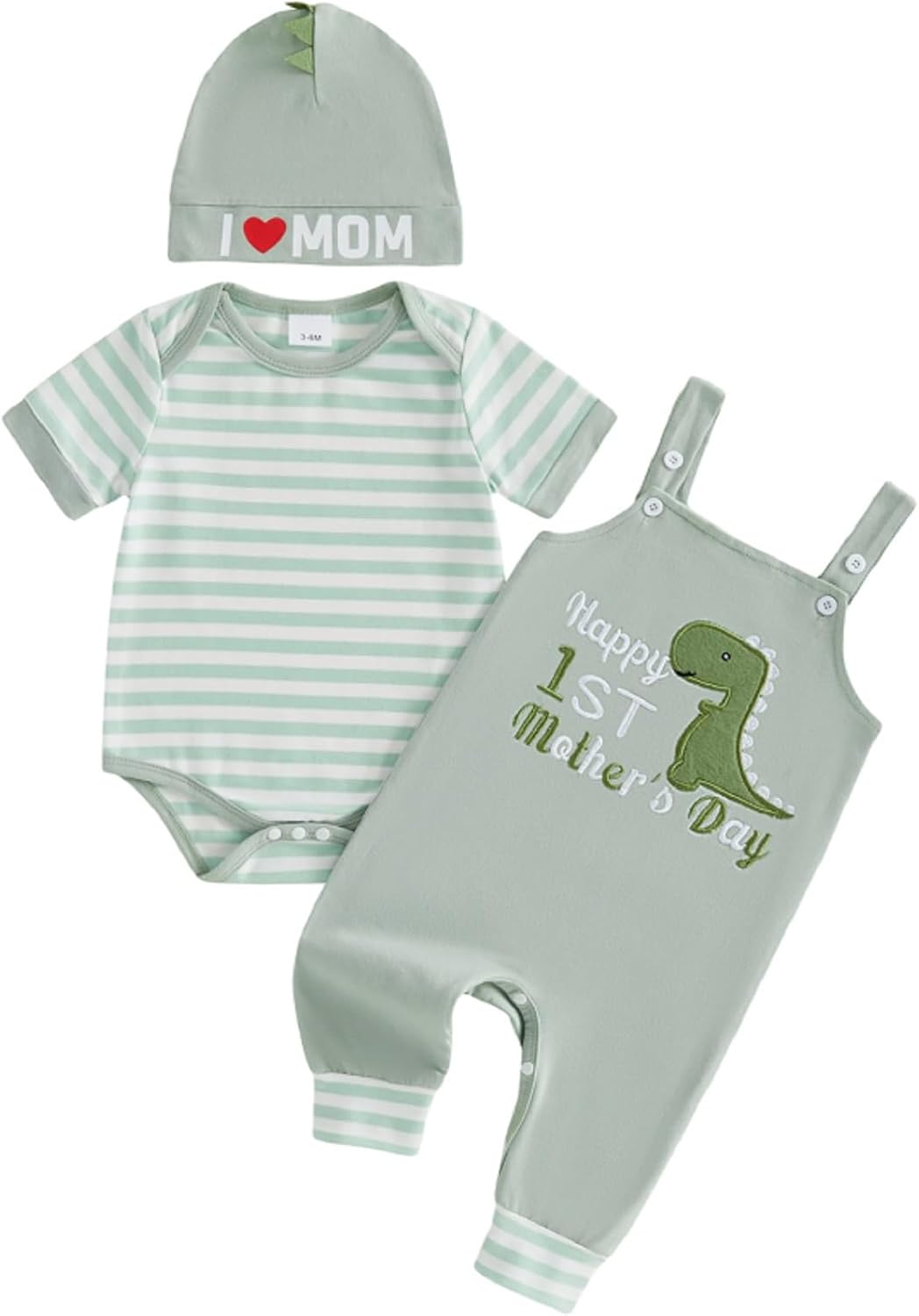 First Mothers Day Baby Boy Outfit Short Sleeve Stripe Romper Elephant/Dinosaur Embroidered Overall Pants and Hat Set