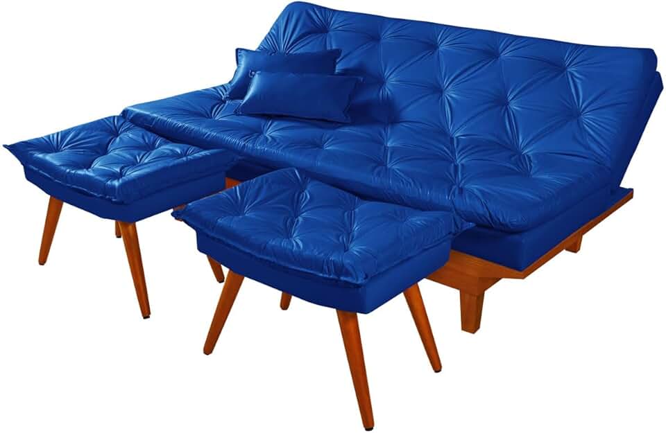 Sofa Cama Caribe Em Courino Couro Sintetico + Duas Banquetas (Azul)