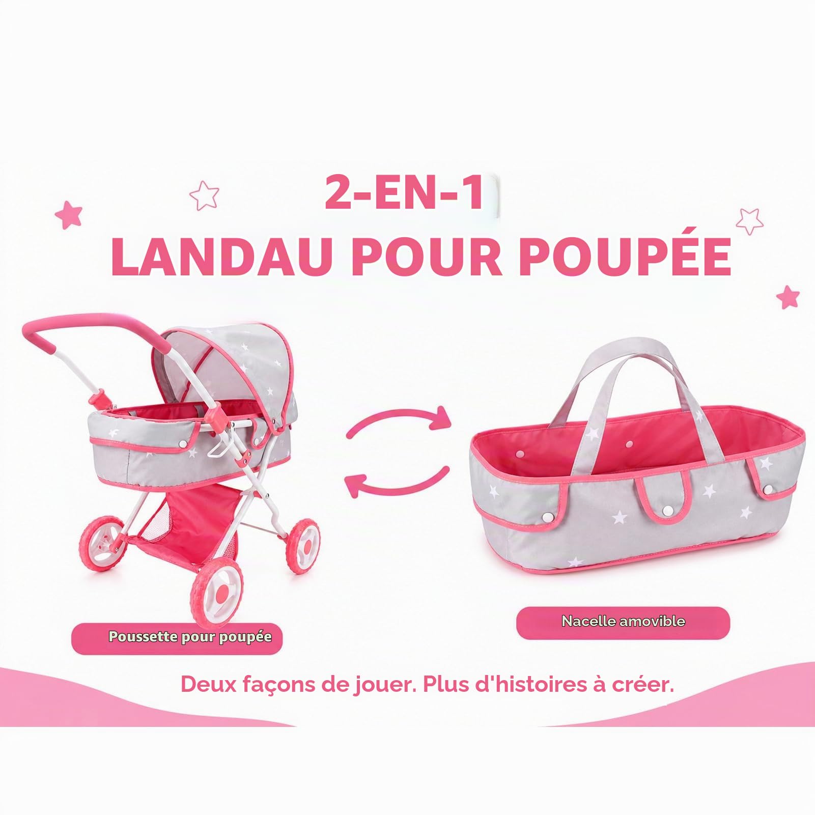 Bebamour Landau 2 en 1 Ensemble Poussette avec Landau Amovible Jouet pour Tout-Petits (Gris)