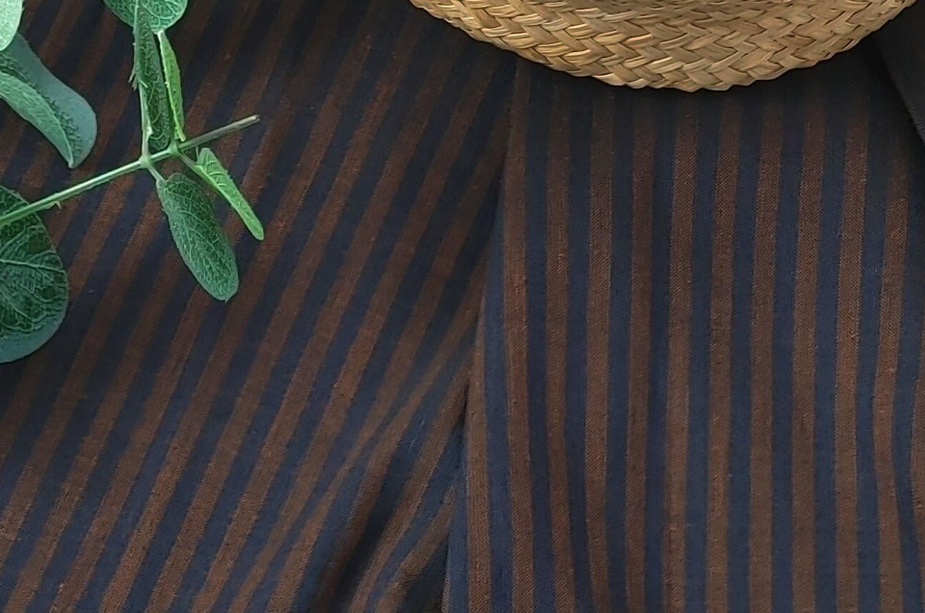Brown Navy Stripe Linen Cotton Fabric 6635 Brown