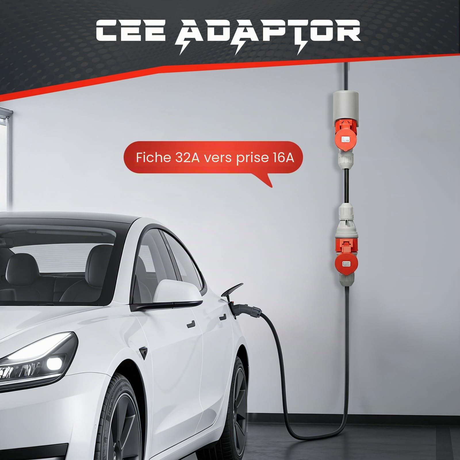 Adaptateur CEE 32A vers 16A, 5 pôles, IP44 étanche avec Couvercle de Protection Auto-fermant pour Industrie, Chantiers et Voiture électrique