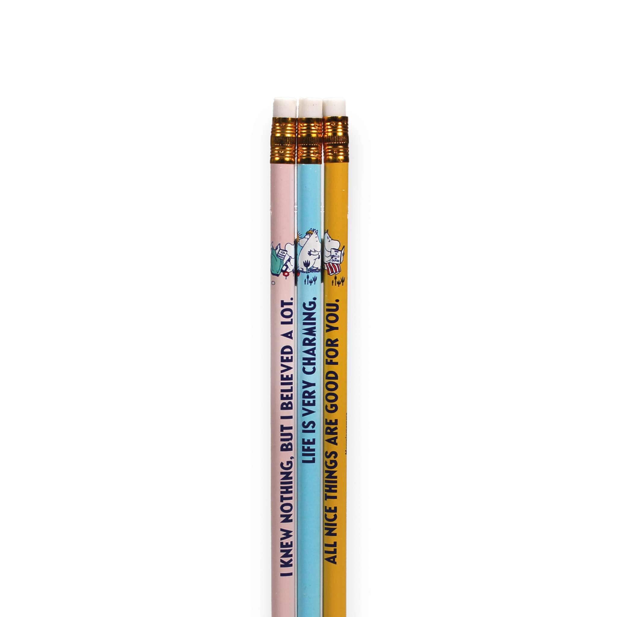 Moomin Half Moon Bay Inspirational Quote Wooden Lead Pencils Set of 3 | Pastel Pink, Blue & Yellow Writing Graphite Pencils with Erasers | Official Merchandise | Whimsical Cozy Teacher Gift