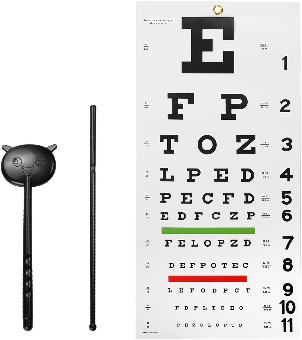 Eye Chart, Snellen Eye Chart Wall Chart, with Hand Pointer and Eye Occluder for Eye Medical Exams (3 Piece Set)
